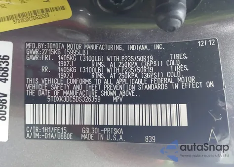 2013 Toyota Sienna Se 8 Passenger z USA, uszkodzony, nr VIN 5TDXK3DC5DS326359